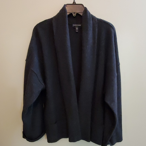 SOLD Eileen Fisher Sweater L Open Front Grey Wool - Picture 2 of 8